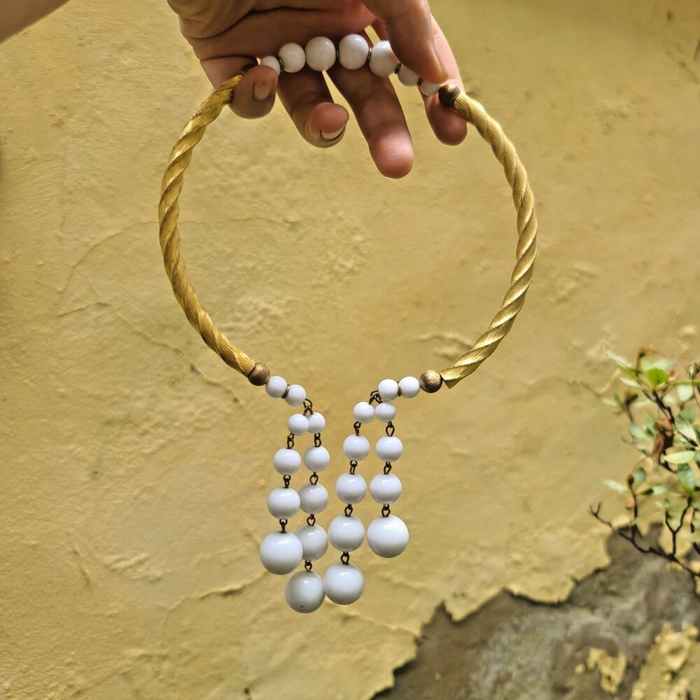 Vintage Gold Tone Cord Collar Necklace w White Beads Dangle, Retro 1960s MCM